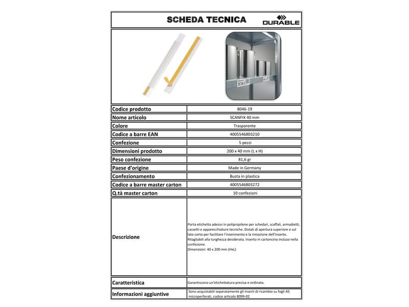 Portaetichette adesivi DURABLE SCANFIX 40 polipropilene trasparente 40x200 mm conf. 5 - 802519