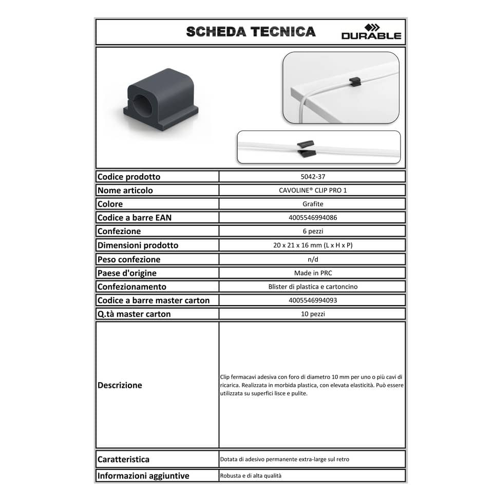 Clip fermacavi adesiva DURABLE CAVOLINE CLIP PRO 1 grafite per 1 cavo conf. da 6 - 504237