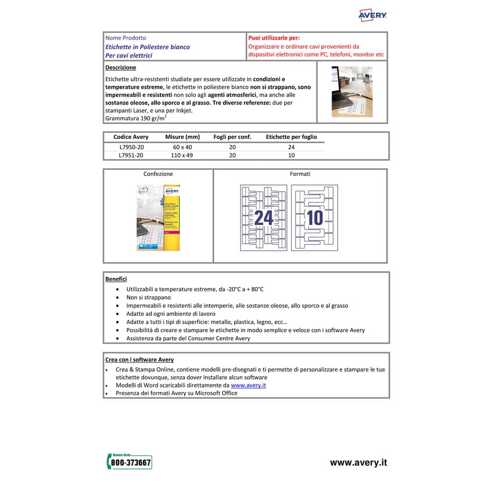Etichette permanenti per cavi AVERY poliestere 60x40 mm - 24 et/foglio - stampanti laser - cf. 20 fogli L7950-20