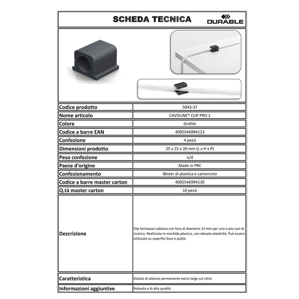 Clip fermacavi adesiva DURABLE CAVOLINE CLIP PRO 2 grafite per 2 cavi conf. da 4 - 504337