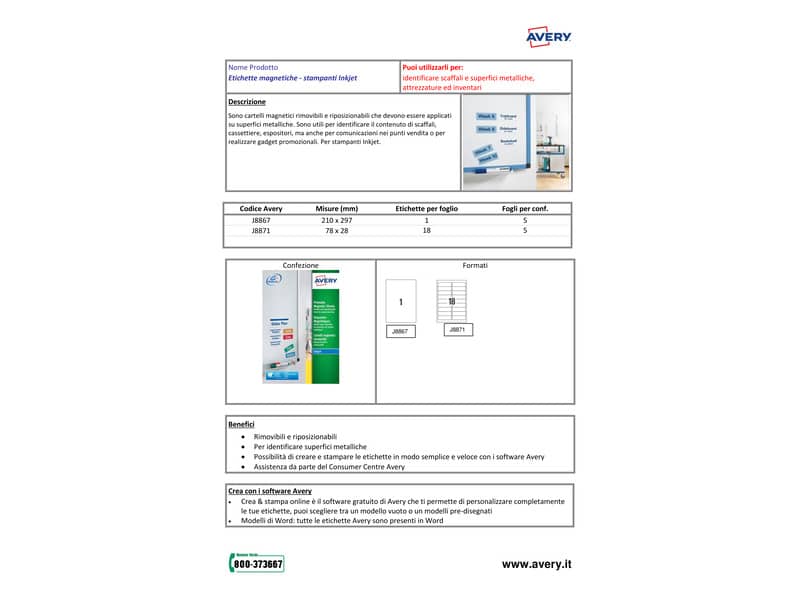 Etichette magnetiche riposizionabili bianche Avery 210x297 mm - 1 et/foglio - stampanti inkjet - conf. 5 fogli J8867-5