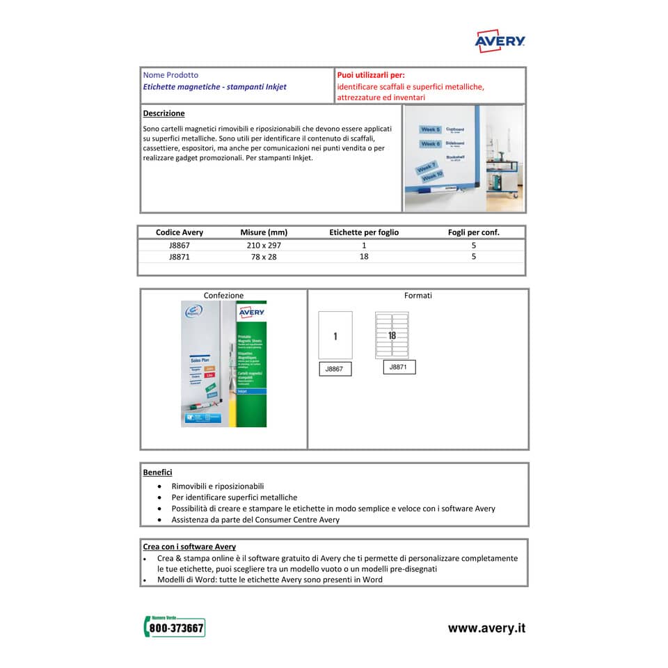 Etichette magnetiche riposizionabili bianche Avery 210x297 mm - 1 et/foglio - stampanti inkjet - conf. 5 fogli J8867-5