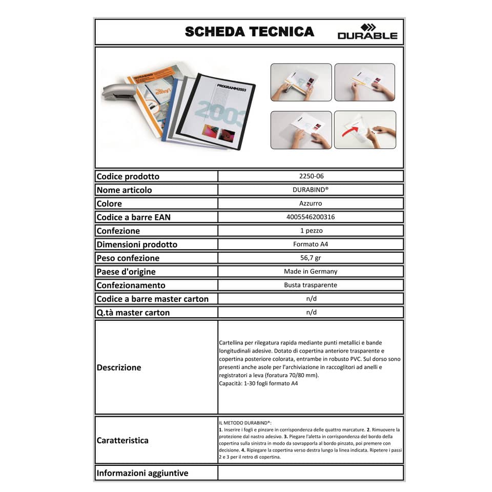 Cartellina per rilegatura DURABLE DURABIND® robusto PVC A4 1-30 fogli azzurro - 225006