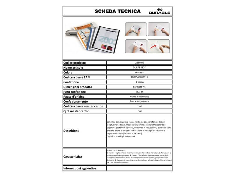 Cartellina per rilegatura DURABLE DURABIND® robusto PVC A4 1-30 fogli azzurro - 225006