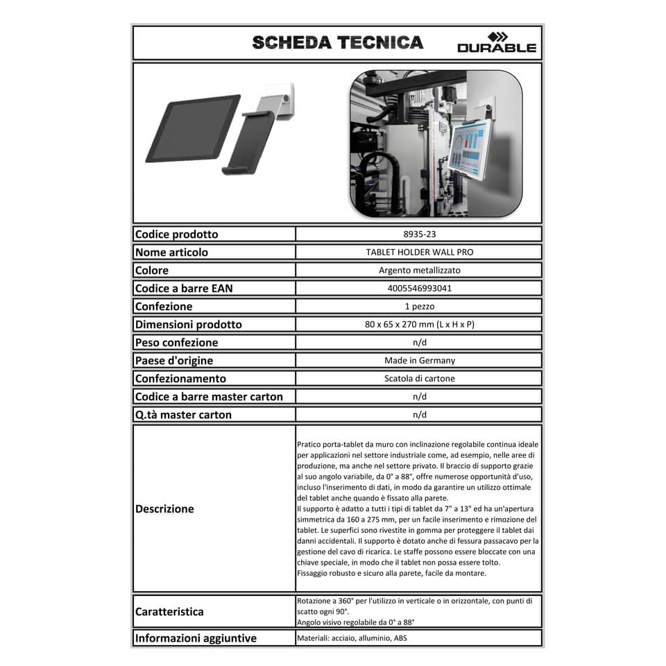 Porta tablet da muro DURABLE con braccio ad angolazione variabile argento metallizzato 8,5x5x18cm - 893523