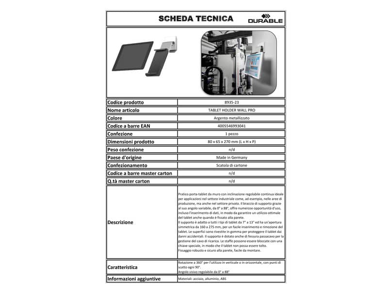 Porta tablet da muro DURABLE con braccio ad angolazione variabile argento metallizzato 8,5x5x18cm - 893523