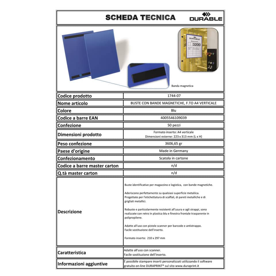 Tasche per identificazione Durable con bande magnetiche blu f.to esterno mm. 223x313- inserto A4 vert. cf. 50- 174407