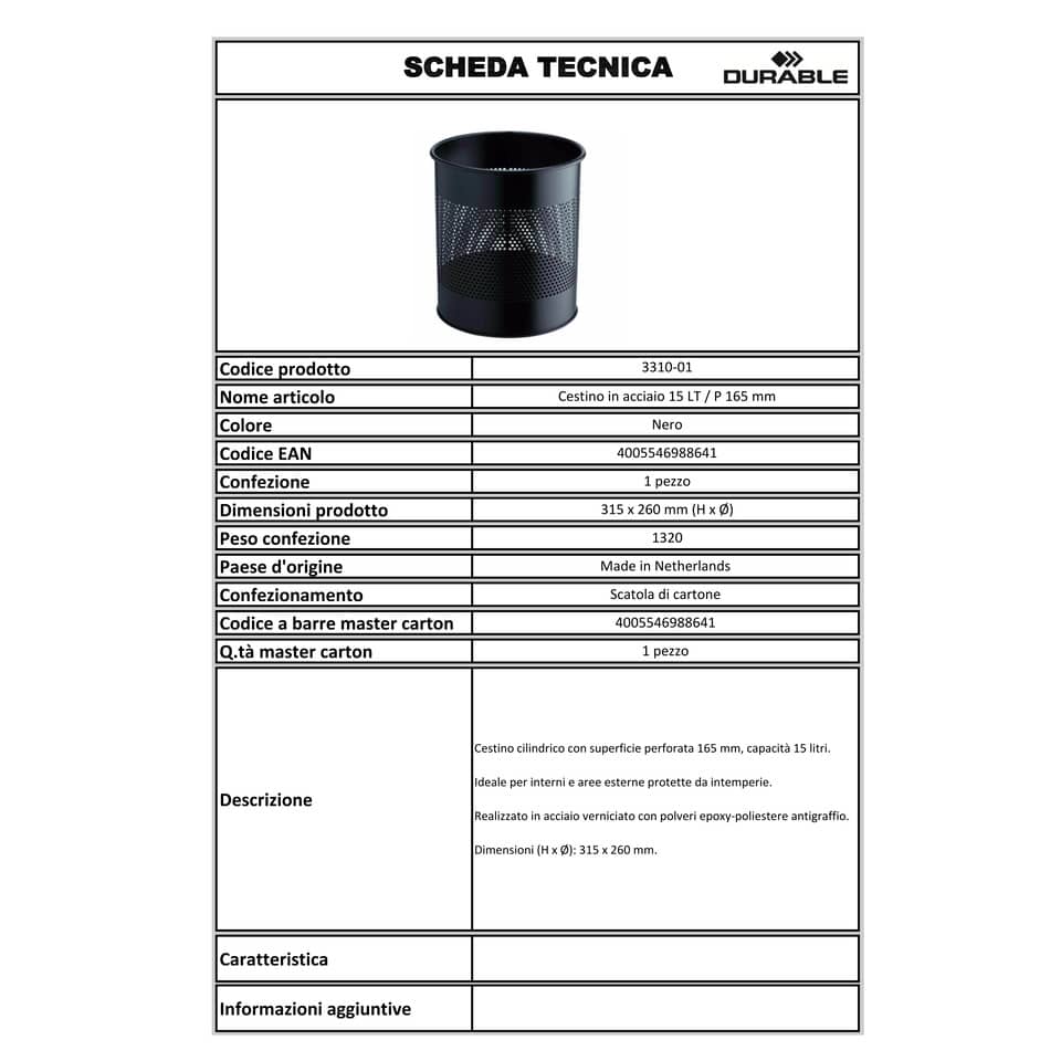 Cestino gettacarte DURABLE cilindrico con superficie perforata 165mm acciaio nero - 331001