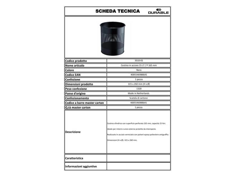 Cestino gettacarte DURABLE cilindrico con superficie perforata 165mm acciaio nero - 331001