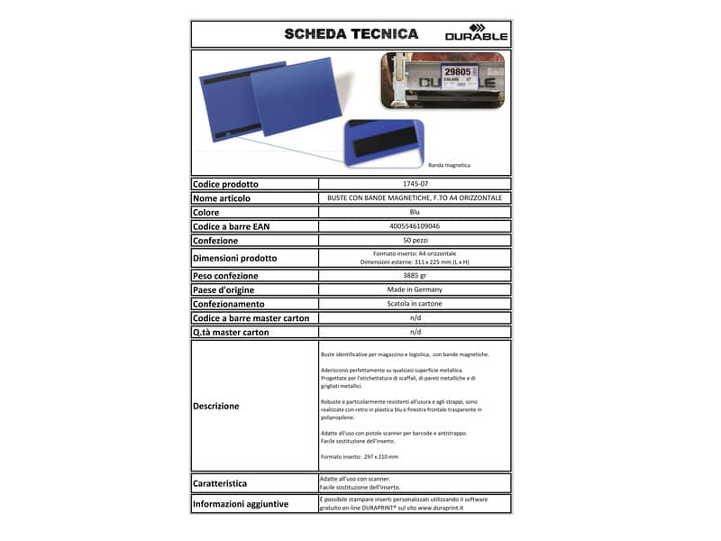 Tasche per identificazione Durable con bande magnetiche blu f.to esterno mm. 311x225- inserto A4 orizz. cf 50- 174507