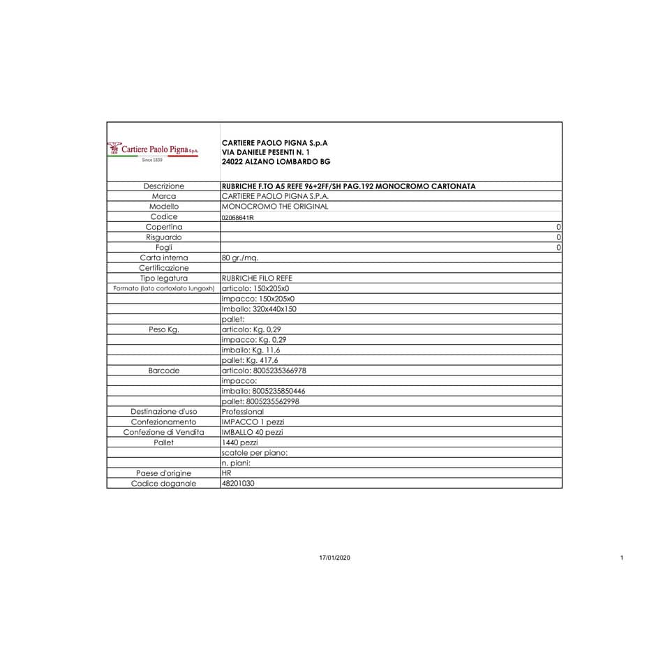 Rubrica cartonata 98 fogli Pigna Monocromo A5 1R 02068641R