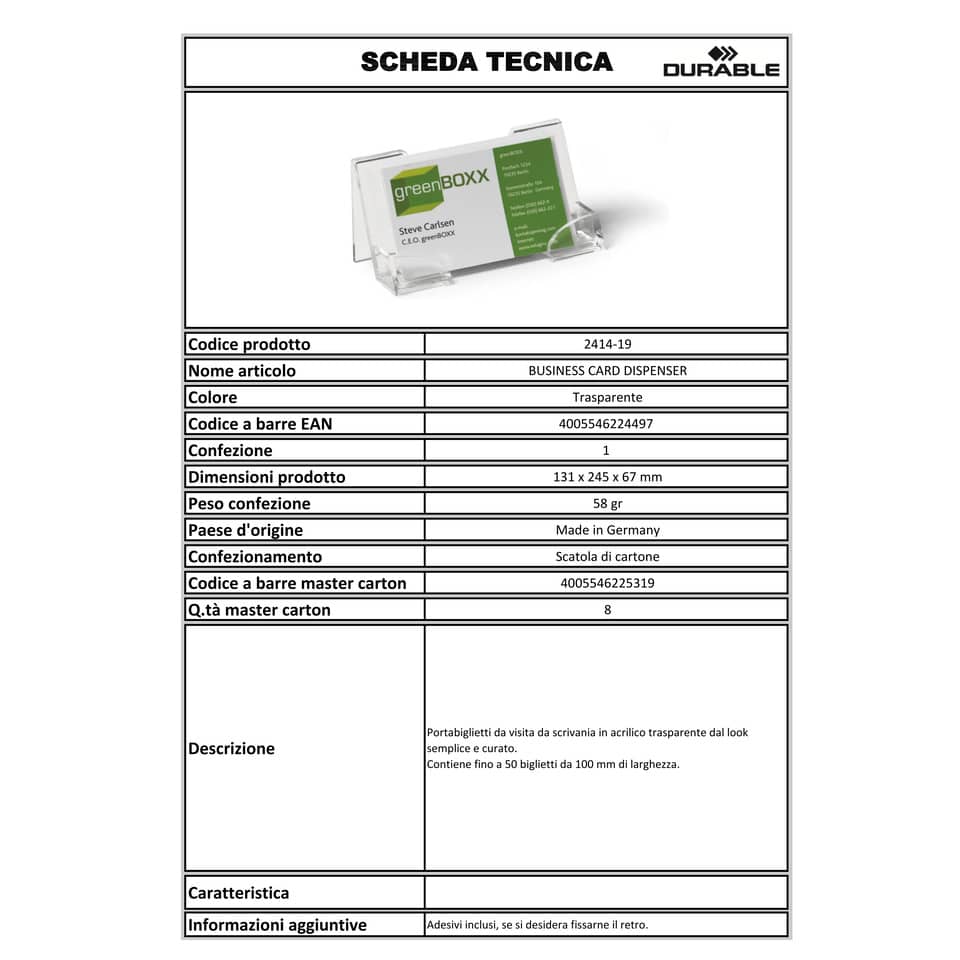 Portabiglietti da visita da scrivania DURABLE BUSINESS CARD DISPENSER acrilico trasparente fino a 50 biglietti - 241419