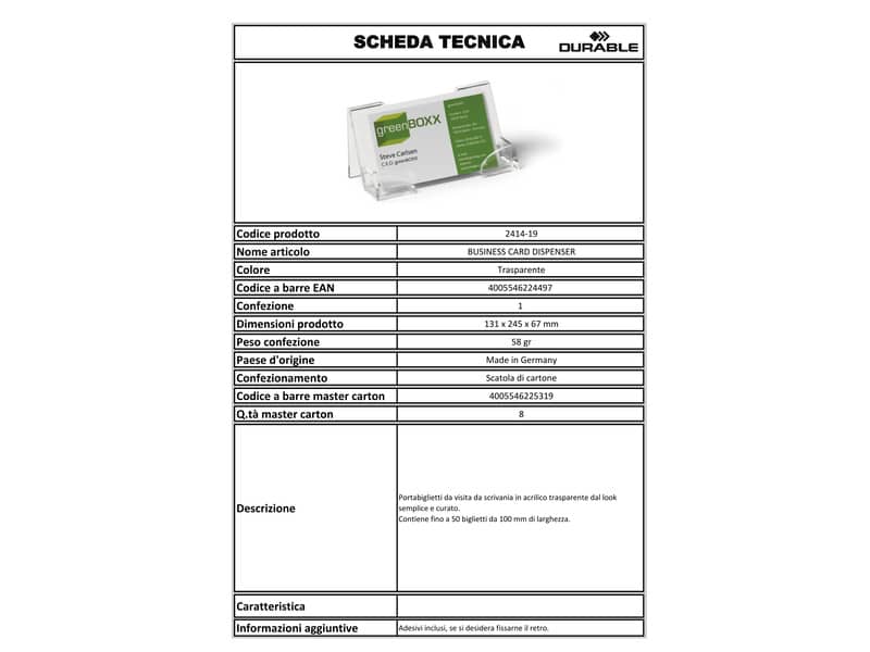 Portabiglietti da visita da scrivania DURABLE BUSINESS CARD DISPENSER acrilico trasparente fino a 50 biglietti - 241419