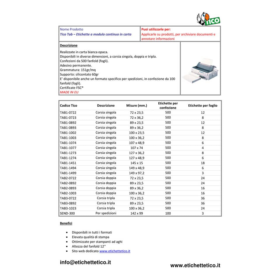 Etichette bianche a modulo continuo TICO Tab 2 corsie 89x23,5 mm - 24 et/foglio - 500 fogli - 12000 etichette - TAB2-0892