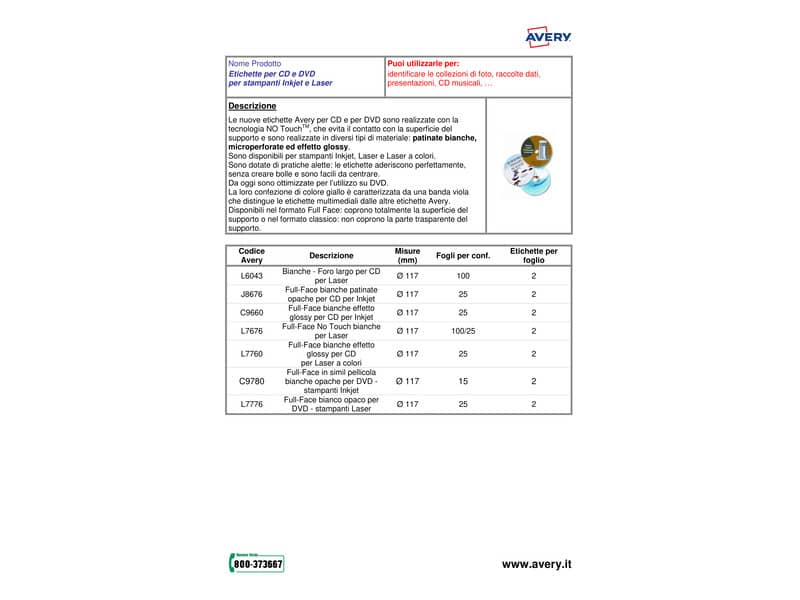 Etichette bianche lucide Avery Ø 60 mm - 12 et./foglio - stampanti laser - conf. 25 fogli - L7790-25