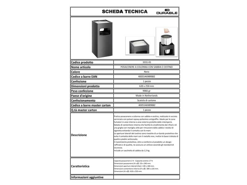 Posacenere Durable a colonna acciaio con sabbia e cestino base quadrata H 62 x Ø 25 cm nero - 333101