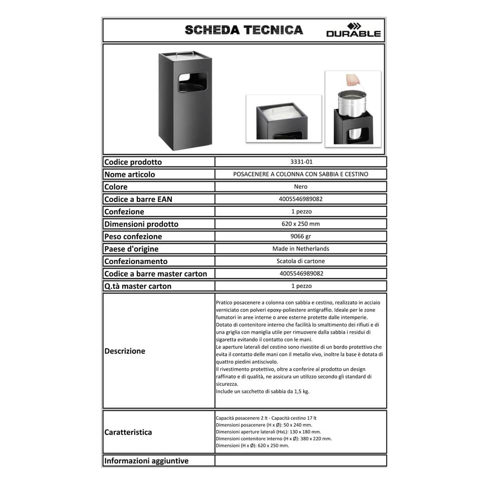 Posacenere Durable a colonna acciaio con sabbia e cestino base quadrata H 62 x Ø 25 cm nero - 333101