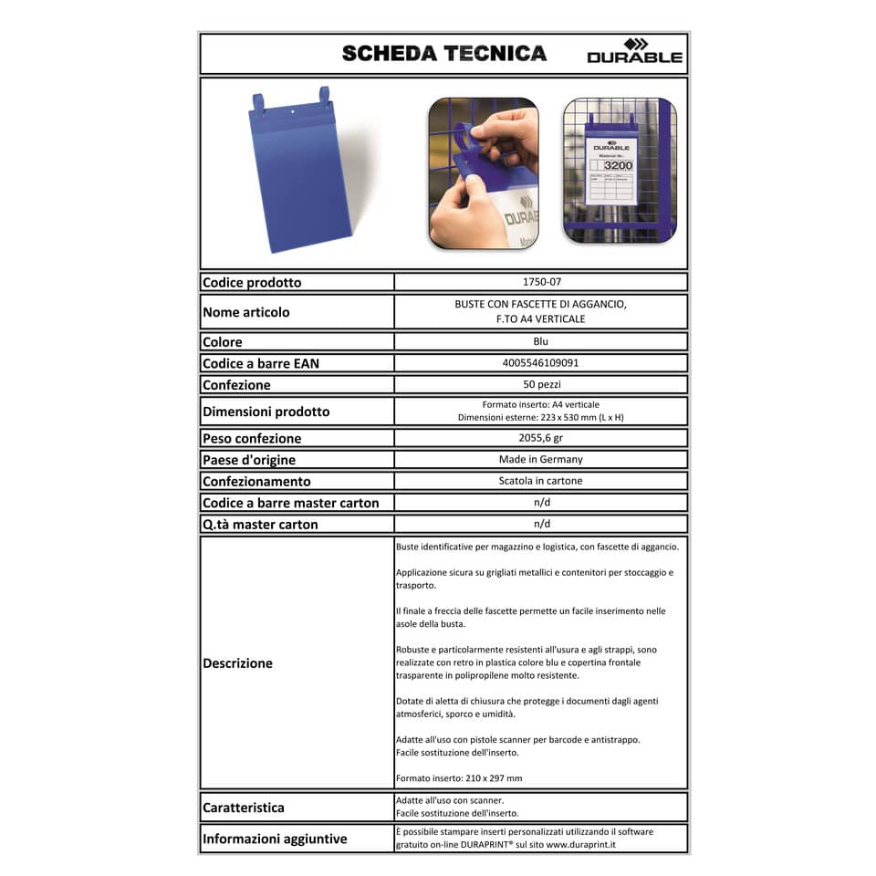 Tasche per identificazione Durable con fascette di aggancio blu f.to esterno mm 223x530- inserto A4 vert. cf. 50- 175007
