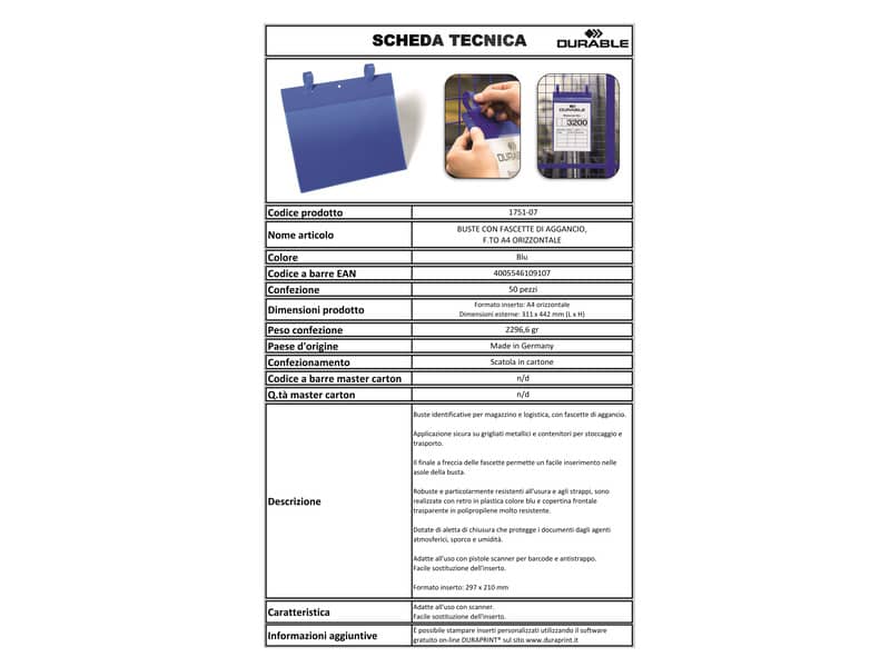 Tasche per identificazione Durable con fascette di aggancio blu f.to esterno mm 311x442- inserto A4 orizz. cf 50- 175107