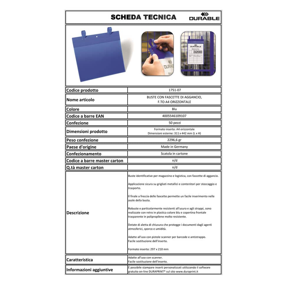 Tasche per identificazione Durable con fascette di aggancio blu f.to esterno mm 311x442- inserto A4 orizz. cf 50- 175107