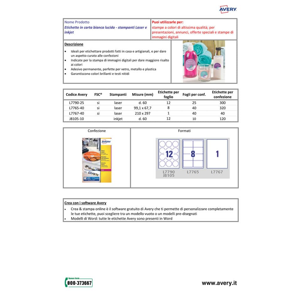 Etichette bianche lucide Avery 99,1x67,7 mm 8 et./foglio - per stampanti laser - conf. 40 fogli - L7765-40