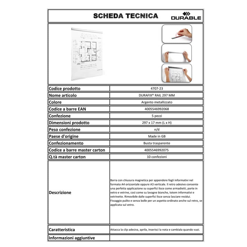 Clip adesive DURABLE DURAFIX® RAIL argento metallizzato 297x17mm conf. 5 - 470723
