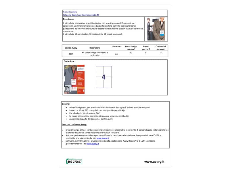 Kit portababdge Avery A6 completo di inserti e laccetti con gancio Conf. 10 pezzi - 4834