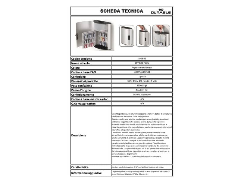 Cassetta portachiavi DURABLE KEY BOX PLUS 54 posti alluminio argento met. serratura a combinazione - 196823