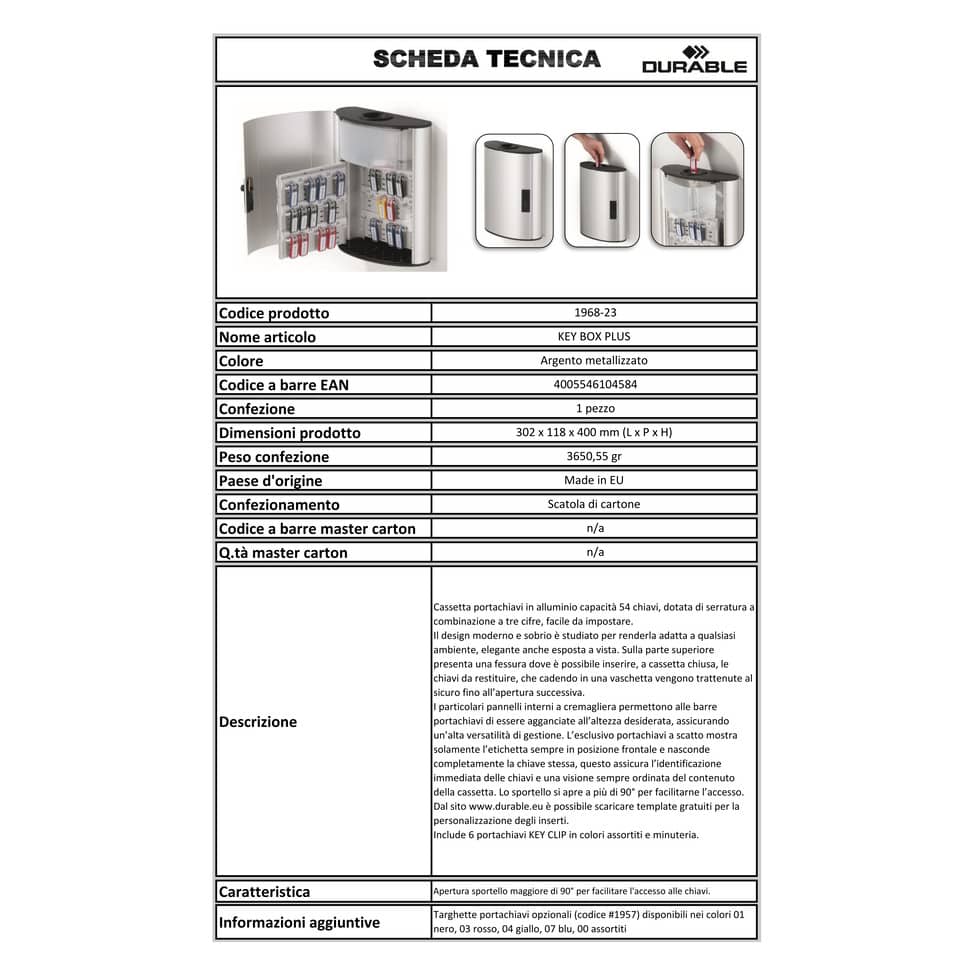Cassetta portachiavi DURABLE KEY BOX PLUS 54 posti alluminio argento met. serratura a combinazione - 196823