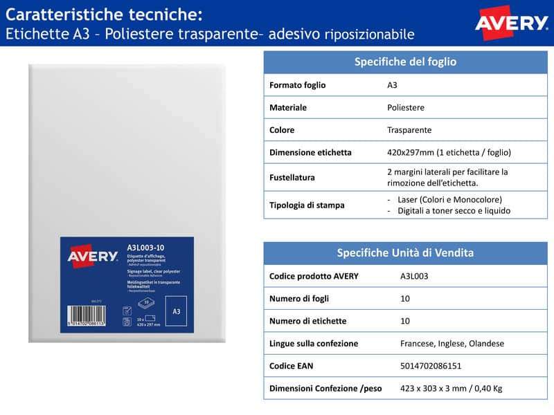 Etichette autoaderenti poliestere Avery A3 trasparente lucido 1 et/foglio - stampa digitale conf. 10 fogli A3L003-10