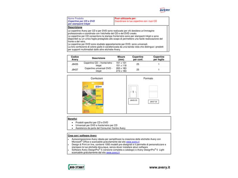 Copertine scrivibili per CD AVERY 151x118 mm - inkjet conf. 25 fogli - J8435-25