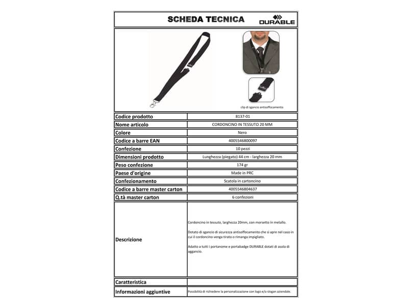 Cordoncino per portabadge DURABLE tessuto nero 20mm x 44cm conf. 10 - 813701
