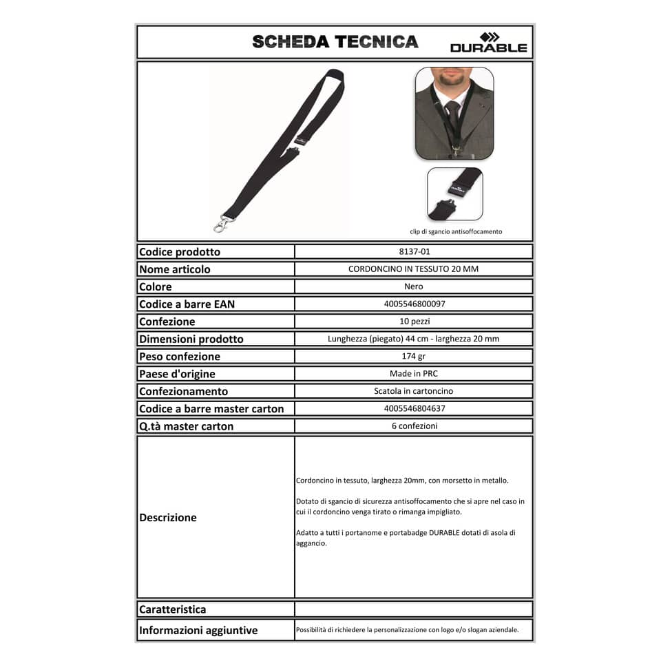 Cordoncino per portabadge DURABLE tessuto nero 20mm x 44cm conf. 10 - 813701