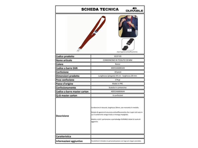 Cordoncino per portabadge DURABLE tessuto rosso 20mm x 44cm conf. 10 - 813703