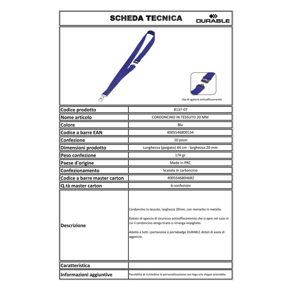 Cordoncino per portabadge DURABLE tessuto blu scuro 20mm x 44cm conf. 10 - 813707
