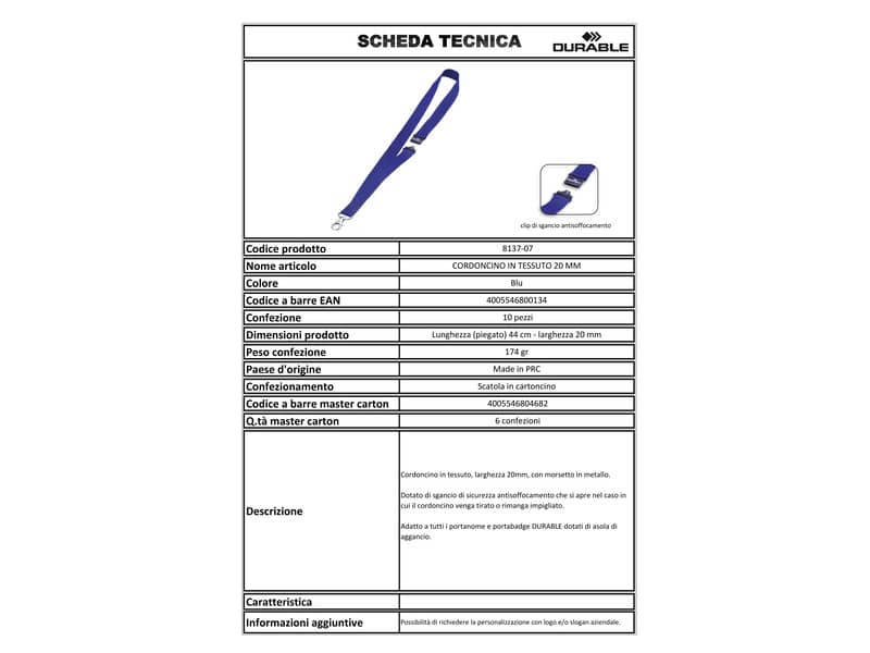 Cordoncino per portabadge DURABLE tessuto blu scuro 20mm x 44cm conf. 10 - 813707