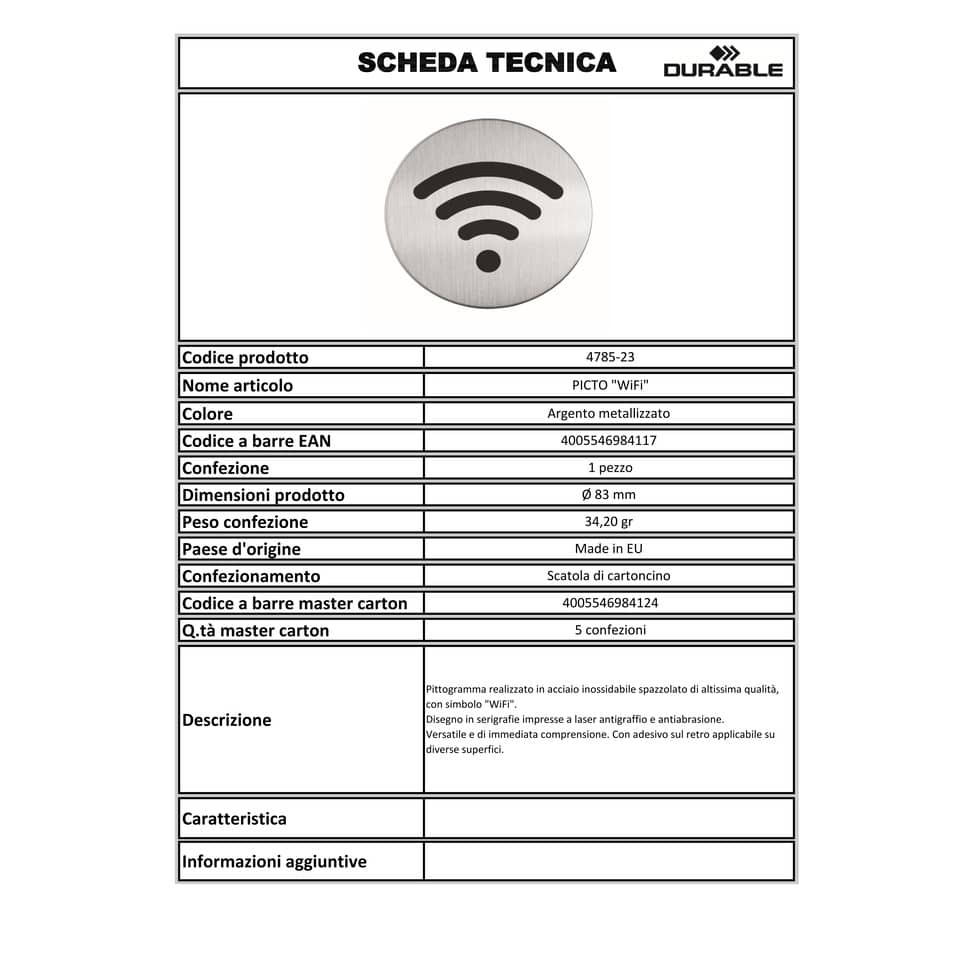 Pittogramma adesivo "Wifi" DURABLE argento metallizzato Ø 83 mm 478523