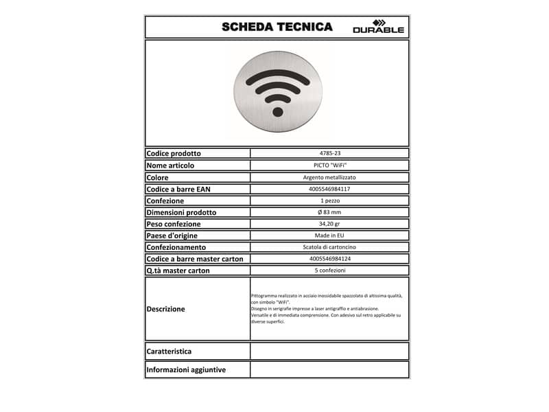 Pittogramma adesivo "Wifi" DURABLE argento metallizzato Ø 83 mm 478523