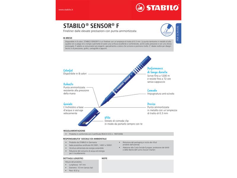Fineliner Stabilo Sensor 0,3 mm assortiti confezione da 6 - 189/6-01