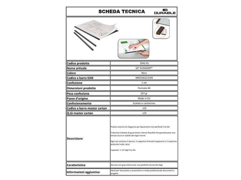 Sistema di rilegatura DURABLE SET DURAGRIP® plastica nero capacità: 1-15 fogli A4 - 294201