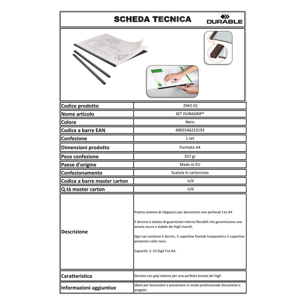 Sistema di rilegatura DURABLE SET DURAGRIP® plastica nero capacità: 1-15 fogli A4 - 294201