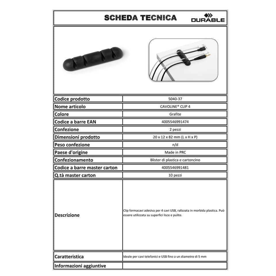 Clip fermacavi adesiva DURABLE CAVOLINE CLIP 4 grafite per 4 cavi conf. da 2 - 504037
