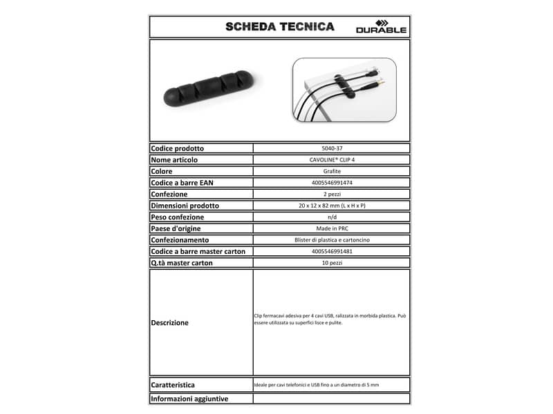 Clip fermacavi adesiva DURABLE CAVOLINE CLIP 4 grafite per 4 cavi conf. da 2 - 504037