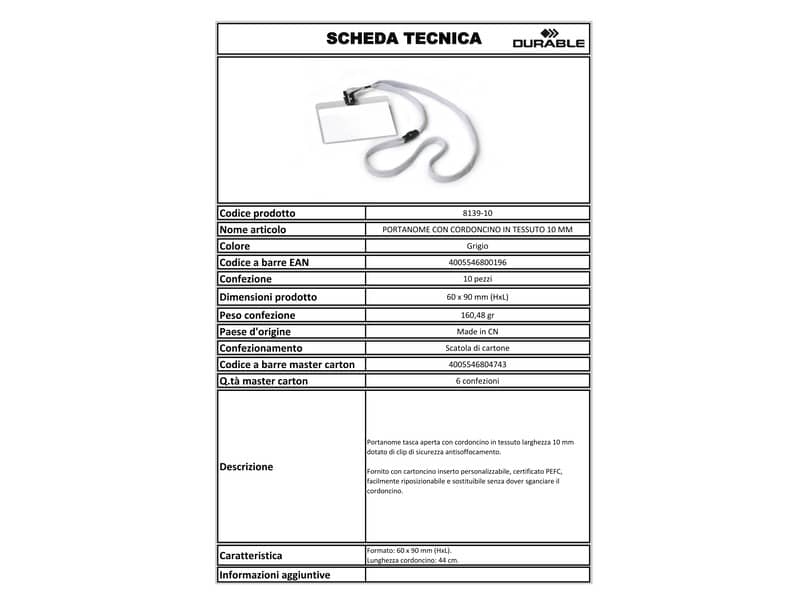 Portanomi DURABLE tasca aperta con cordoncino trasparente/grigio inserto 60x90mm  conf. 10 - 813910