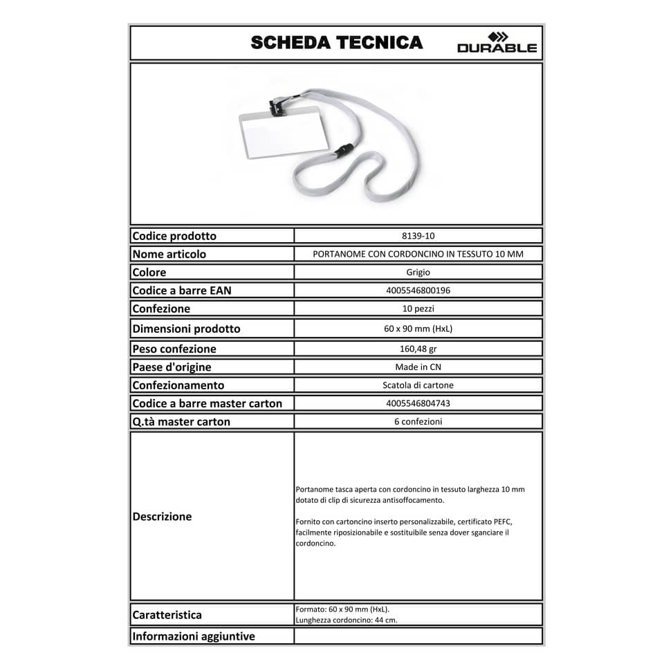 Portanomi DURABLE tasca aperta con cordoncino trasparente/grigio inserto 60x90mm  conf. 10 - 813910