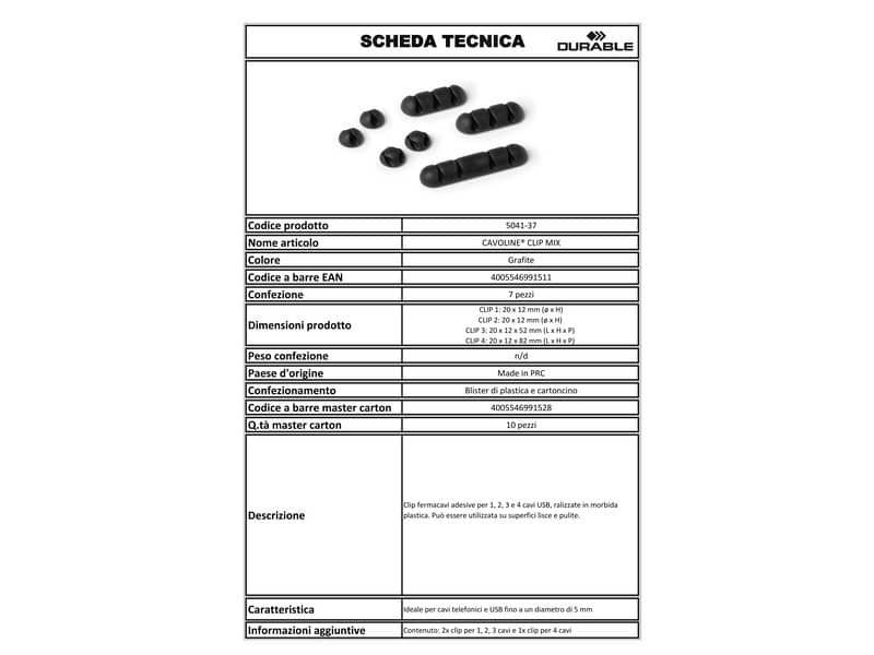 Clip fermacavi adesiva DURABLE CAVOLINE CLIP MIX grafite diversi formati conf. da 7 - 504137