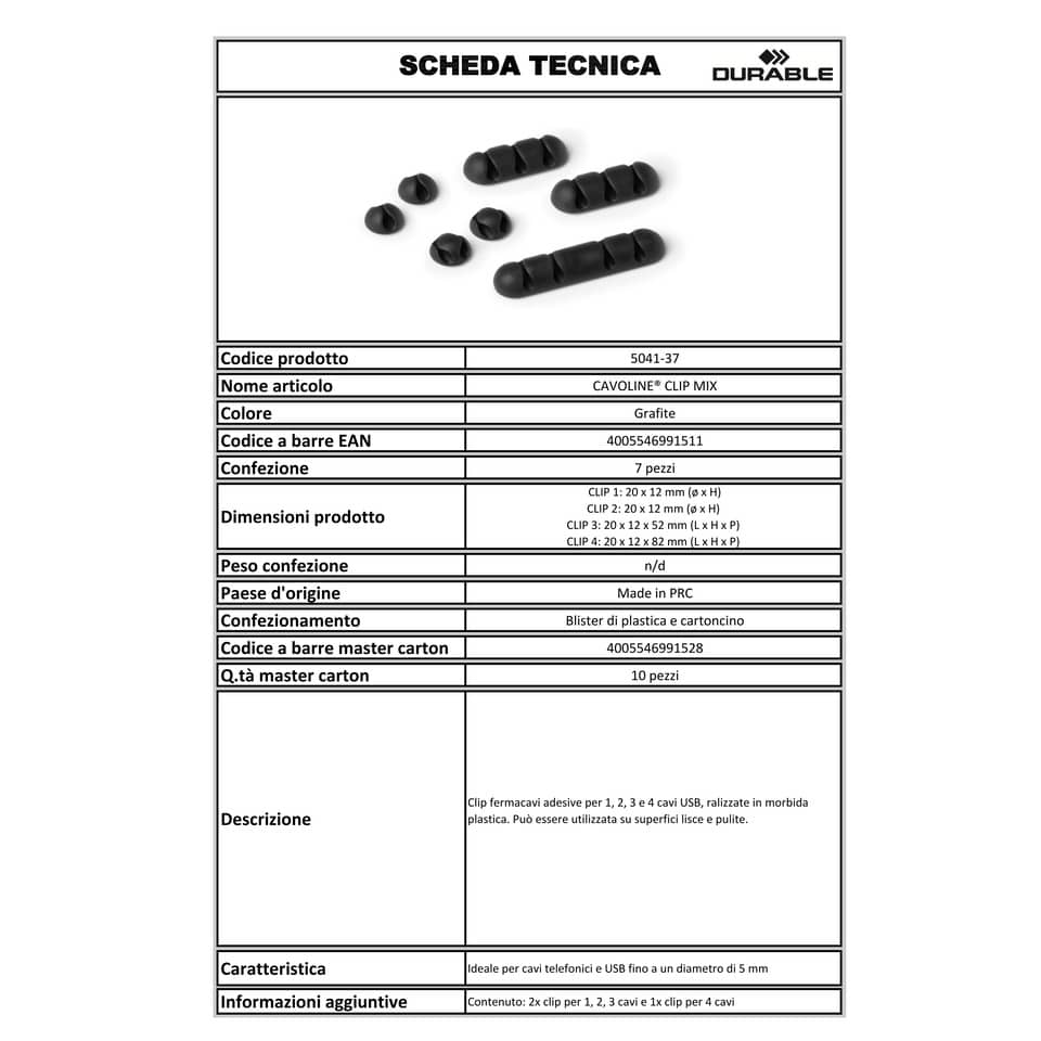 Clip fermacavi adesiva DURABLE CAVOLINE CLIP MIX grafite diversi formati conf. da 7 - 504137