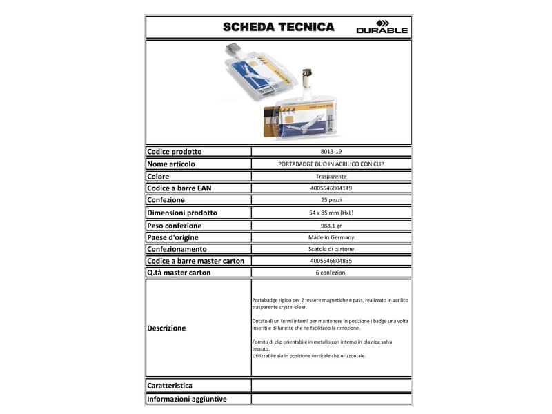 Portabadge Durable DUO 54x85mm con clip girevole trasparente Conf. 25 pezzi - 801319