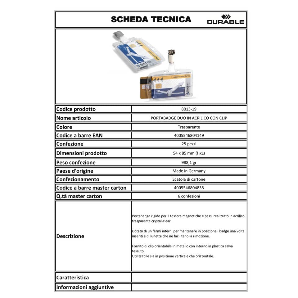 Portabadge Durable DUO 54x85mm con clip girevole trasparente Conf. 25 pezzi - 801319