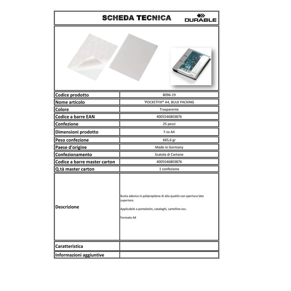 Buste adesive DURABLE POCKETFIX® A4 polipropilene trasparente conf. 25 pezzi - 809619